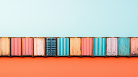 This image features a row of colorful shipping containers set against a bright blue and orange background, creating a striking visual contrast ideal for modern design themes.の素材