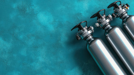Three sleek gas cylinders sit against a vibrant turquoise background, ideal for use in safety, industrial, or healthcare applications.の素材
