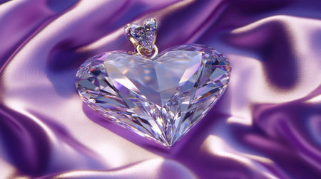 This stunning heart-shaped crystal pendant rests elegantly on a soft purple silk background, radiating beauty and romance, ideal for various artistic projects.の素材