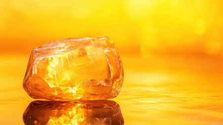 A stunning amber crystal shines against a warm yellow backdrop, reflecting light beautifully on its polished surface, showcasing its unique elegance and natural beauty.の素材