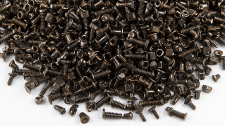A detailed view of a disorganized pile of black metal screws and fasteners showcasing their unique shapes and textures, ideal for various projects.の素材