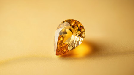 This stunning teardrop shaped yellow gemstone rests on a soft golden background, radiating elegance and luxury perfect for jewelry designs or decor projects.の素材