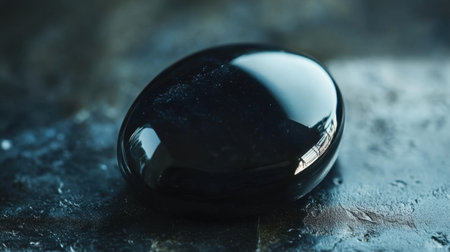 This stunning image features a smooth black stone on a dark surface, showcasing its glossy finish and elegant form. Perfect for wellness and relaxation themes.の素材