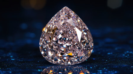 This captivating close-up features a teardrop-shaped diamond resting on a glimmering blue background, highlighting its exceptional clarity and brilliance.の素材