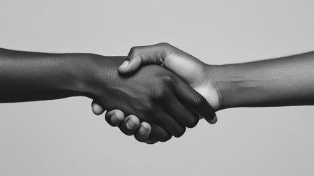 A close-up image of two hands shaking in grayscale, representing themes of trust, partnership, and agreement within personal or professional settings.の素材