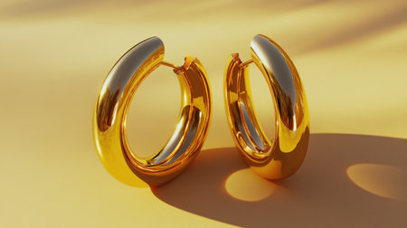 This image showcases elegant gold hoop earrings featuring a polished and reflective finish. Set against a soft yellow background, the design highlights luxury and sophistication, perfect for fashion accessories display.の素材