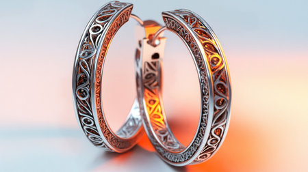 Stunning silver hoop earrings featuring an intricate design, beautifully illuminated to enhance their elegance. Ideal for fashion and jewelry photography.の素材