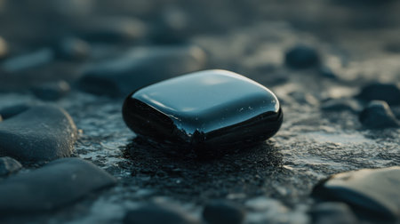 A smooth black stone rests on a wet surface, capturing reflections that accentuate its features. The serene setting offers a tranquil focus on nature's artistry.の素材