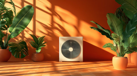 A stylish air circulator stands in a sunlit room, surrounded by lush green plants in terracotta pots, creating a warm and inviting atmosphere.の素材
