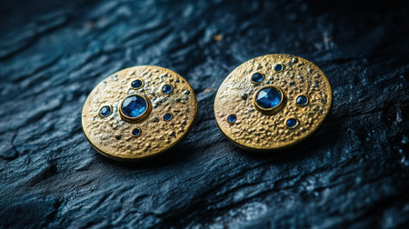 Discover a pair of elegant vintage gold earrings featuring stunning blue stones and a unique textured design, perfect for fashion enthusiasts and collectors.の素材