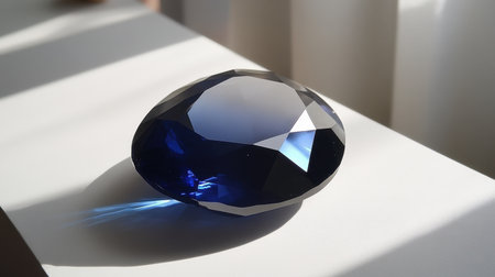 This stunning blue gemstone displays a perfect oval shape with intricate faceted cuts, showcasing its brilliance under natural light.の素材