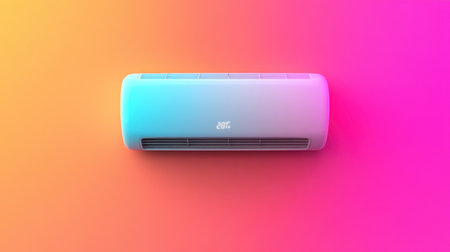 This modern air conditioning unit with a colorful gradient background highlights stylish design in home or office settings. Perfect for summer comfort.の素材