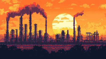 A vibrant pixel art depiction of an industrial landscape at sunset, showcasing emission stacks against a colorful sky, evoking themes of industry and environment.の素材