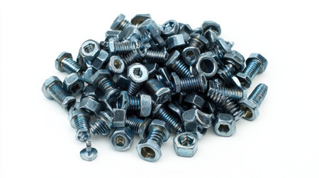 A diverse collection of metallic screws and nuts arranged on a white background, showcasing various shapes and sizes ideal for industrial projects and mechanical repairs.の素材