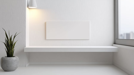 A serene and spacious interior featuring a white shelf along the wall, a potted plant, and ample natural light, perfect for modern home aesthetics.の素材