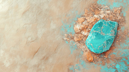 A stunning turquoise stone sits on a textured surface featuring earthy tones, capturing nature's beauty. Ideal for artistic designs and backgrounds.の素材