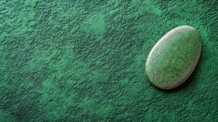 A smooth green stone rests on a textured green background, embodying tranquility and nature's beauty. Ideal for wellness, design, and relaxation themes.の素材