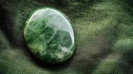 A beautifully polished green stone rests gracefully on a soft satin background, highlighting its natural features and the interplay of light, creating a serene and elegant visual.の素材