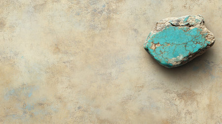 A striking turquoise stone rests on a textured beige background, showcasing the beauty of natureの素材