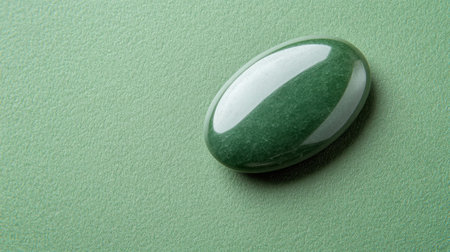 This image showcases an elegant green stone resting on a soft green surface, embodying tranquility and natural beauty. Its smooth reflection enhances the serene atmosphere, making it perfect for wellness themes.の素材