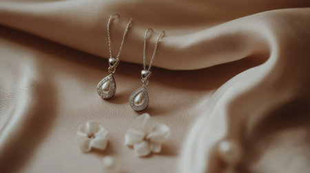 Stunning silver teardrop earrings elegantly displayed on soft satin fabric. Surrounded by delicate flowers and pearls, perfect for fashion and style enthusiasts.の素材