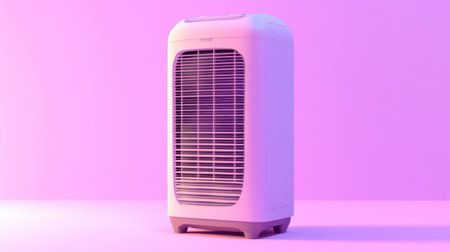 This image features a modern portable air cooler designed with vertical slats, set against a soft purple background. Ideal for enhancing comfort in stylish interiors, this sleek appliance offers efficient cooling and perfect temperature regulation.の素材