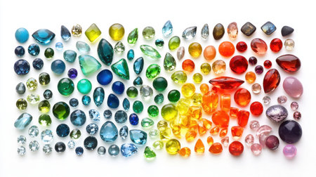 An extensive collection of vibrant gems and stones arranged in a stunning spectrum, showcasing a variety of shapes, colors, and cuts for artistic and decorative purposes.の素材
