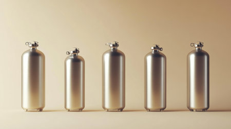 A carefully arranged row of metallic fire extinguishers showcases the importance of safety and emergency preparedness in both industrial and residential settings.の素材