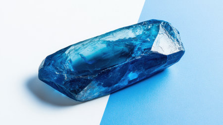 A breathtaking blue crystal showcases its striking clarity against a soft blue background, ideal for artistic projects, presentations, or merchandise.の素材