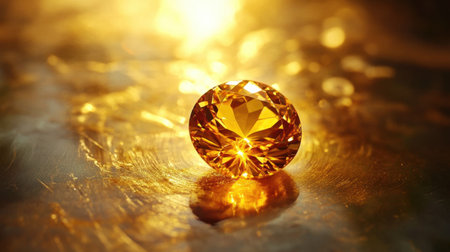 A stunning yellow gemstone glistens on a golden surface, casting intricate light reflections and creating a mesmerizing bokeh effect, showcasing elegance and beauty.の素材