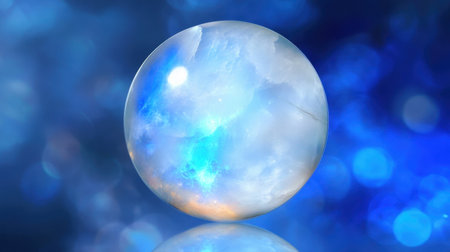 A captivating translucent sphere with blue and white hues, set against a soft bokeh background. Ideal for themes of calm, beauty, and artistic inspiration.の素材