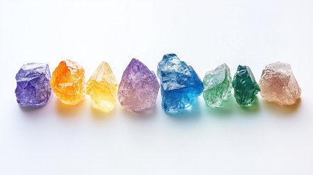 This image showcases a beautiful arrangement of colorful natural crystals in a gradient format, highlighting their unique textures and hues on a clean background.の素材