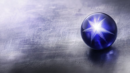 A stunning blue crystal sphere featuring a star design radiating light, set against a textured metallic background. Perfect for artistic or decorative projects.の素材