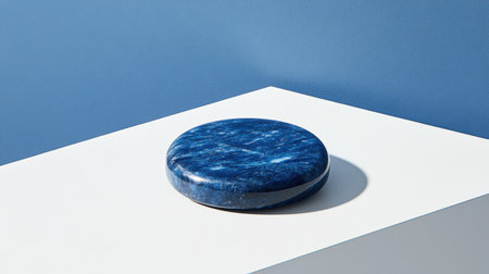 This image features a round blue stone placed elegantly on a white surface, showcasing a minimalist aesthetic. The interplay of light and shadow enhances the natural beauty of the stone, making it a perfect visual for modern art and interior design enthusiasts.の素材
