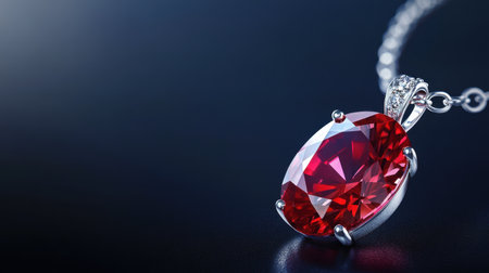 A stunning close-up of an elegant silver necklace featuring a large red gemstone pendant. The vibrant gem exudes luxury and charm against a dark background.の素材