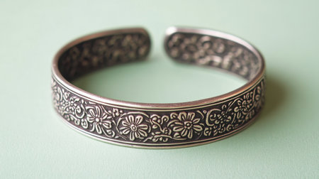 This elegant silver cuff bracelet features intricate floral designs, showcasing vintage style. Perfect for fashion accessories or thoughtful gifts.の素材