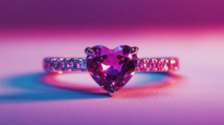 This stunning image features a heart-shaped pink gemstone ring that radiates elegance and romance, showcasing intricate details and vibrant colors.の素材