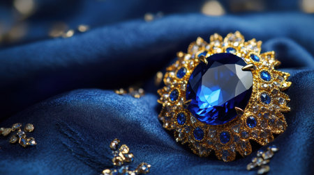 A stunning blue gemstone brooch showcases intricate detailing and luxurious design, resting on rich fabric, exuding elegance and glamour for fashion lovers.の素材