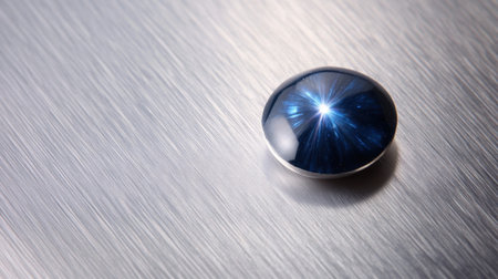 A captivating blue gemstone rests on a polished metallic surface, showcasing its reflective qualities and intricate details. The image embodies elegance and luxury, ideal for art and design projects.の素材