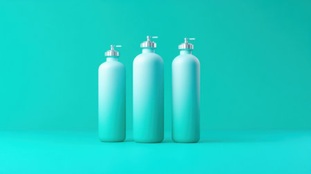 Three elegant gradient bottles displayed against a vibrant aqua background, perfect for showcasing cosmetic products. Ideal for modern aesthetics.の素材