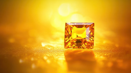 A stunning yellow gemstone radiates brilliance and elegance, set against a soft golden background. The mesmerizing glow enhances its beauty and charm.の素材