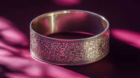 This enchanting silver bangle features intricate floral engravings that create a stunning contrast against the dark purple background, elevating any outfit.の素材