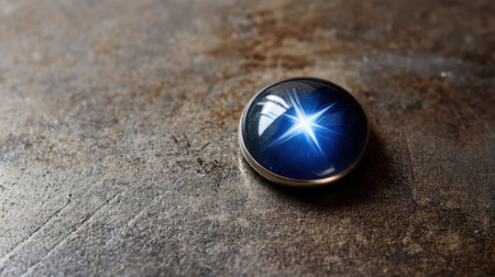 This captivating image features a shiny blue decorative stone that reflects a bright starburst, set against a textured metallic surface, creating a striking visual impact.の素材