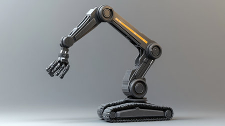 A futuristic robotic arm showcases advanced engineering with its articulated joints and gripper. Mounted on a sleek track base, this design represents the forefront of automation technology in industrial applications.の素材