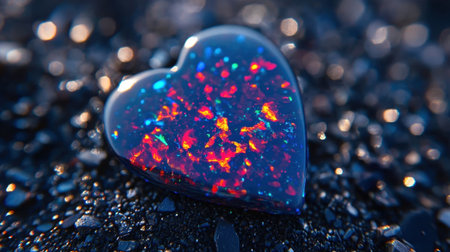 This striking heart-shaped gemstone shines vividly with colorful reflections that create a mesmerizing visual on a dark background, perfect for thematic design projects.の素材