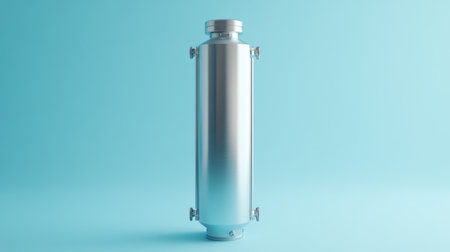 This image features a sleek, silver metallic cylindrical object set against a bright blue background, showcasing a minimalist design ideal for industrial or technological contexts.の素材