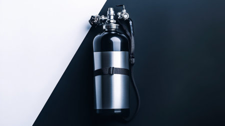 A sleek oxygen cylinder positioned on a contrasting black and white background, ideal for representing safety equipment and adventure gear.の素材