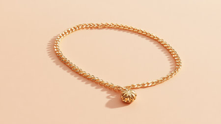 This beautiful gold necklace features a delicate chain and intricate round pendant, set against a soft peach background, showcasing modern luxury.の素材
