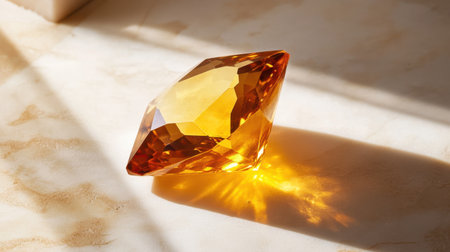 A stunning yellow gemstone rests elegantly on a polished marble surface, sparkling in the sunlight and showcasing intricate facets and beauty.の素材