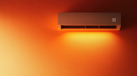This image showcases a sleek and modern air conditioner unit mounted on a warm orange wall, featuring a clear temperature display and soft ambient lighting.の素材